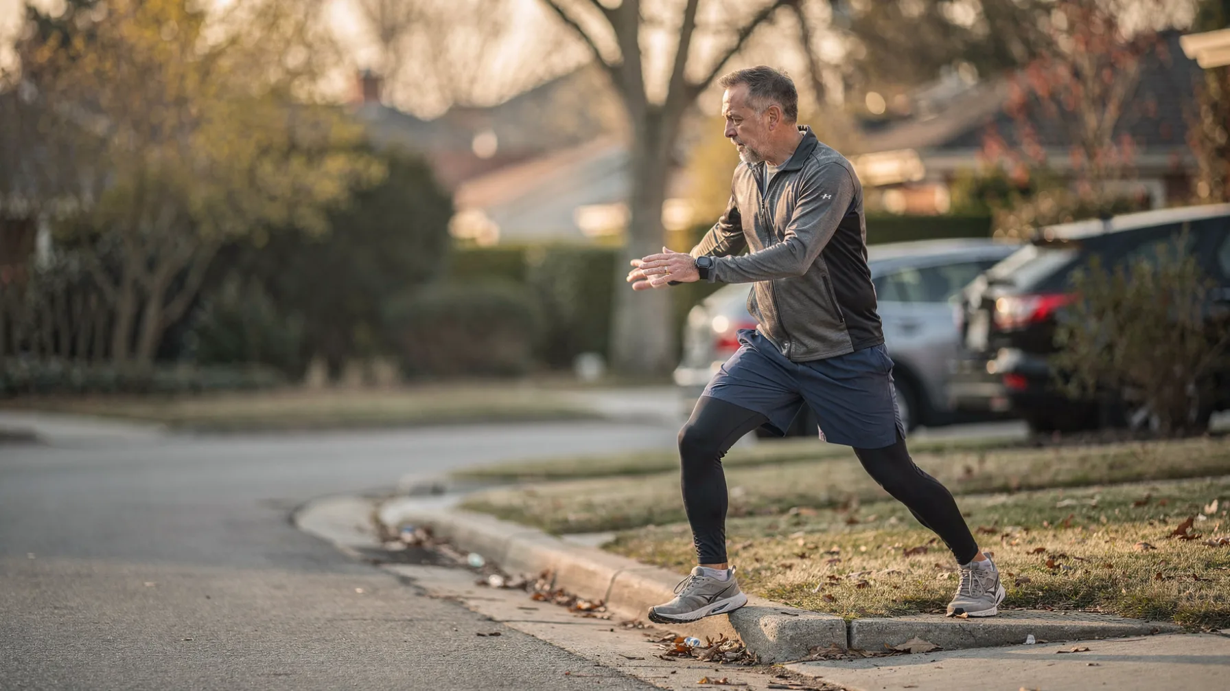 One adult in his mid thirties to mid forties stretching before a morning jog near a residential street